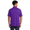 cover_back Rear view of a man wearing a plain purple short-sleeve polo shirt and dark jeans against a white background