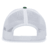 mnp_104S_dark_green_white_back White mesh trucker hat with a green button on the top and an adjustable plastic snapback closure, showcasing a breathable design ideal for outdoor activities.