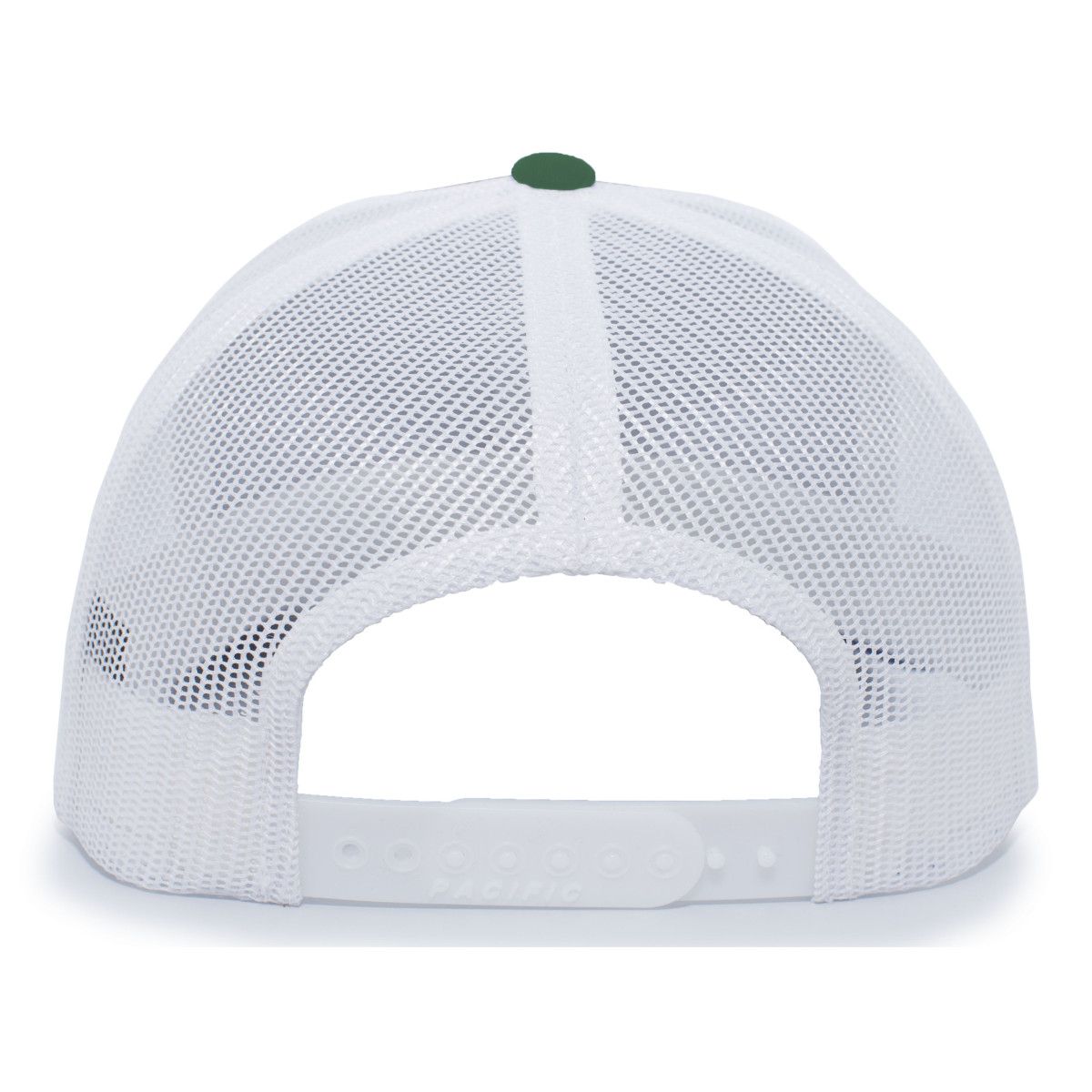 mnp_104S_dark_green_white_back White mesh trucker hat with a green button on the top and an adjustable plastic snapback closure, showcasing a breathable design ideal for outdoor activities.