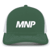 mnp_104S_dark_green_white_front Green and white trucker hat with the letters MNP printed in bold white on the front panel.