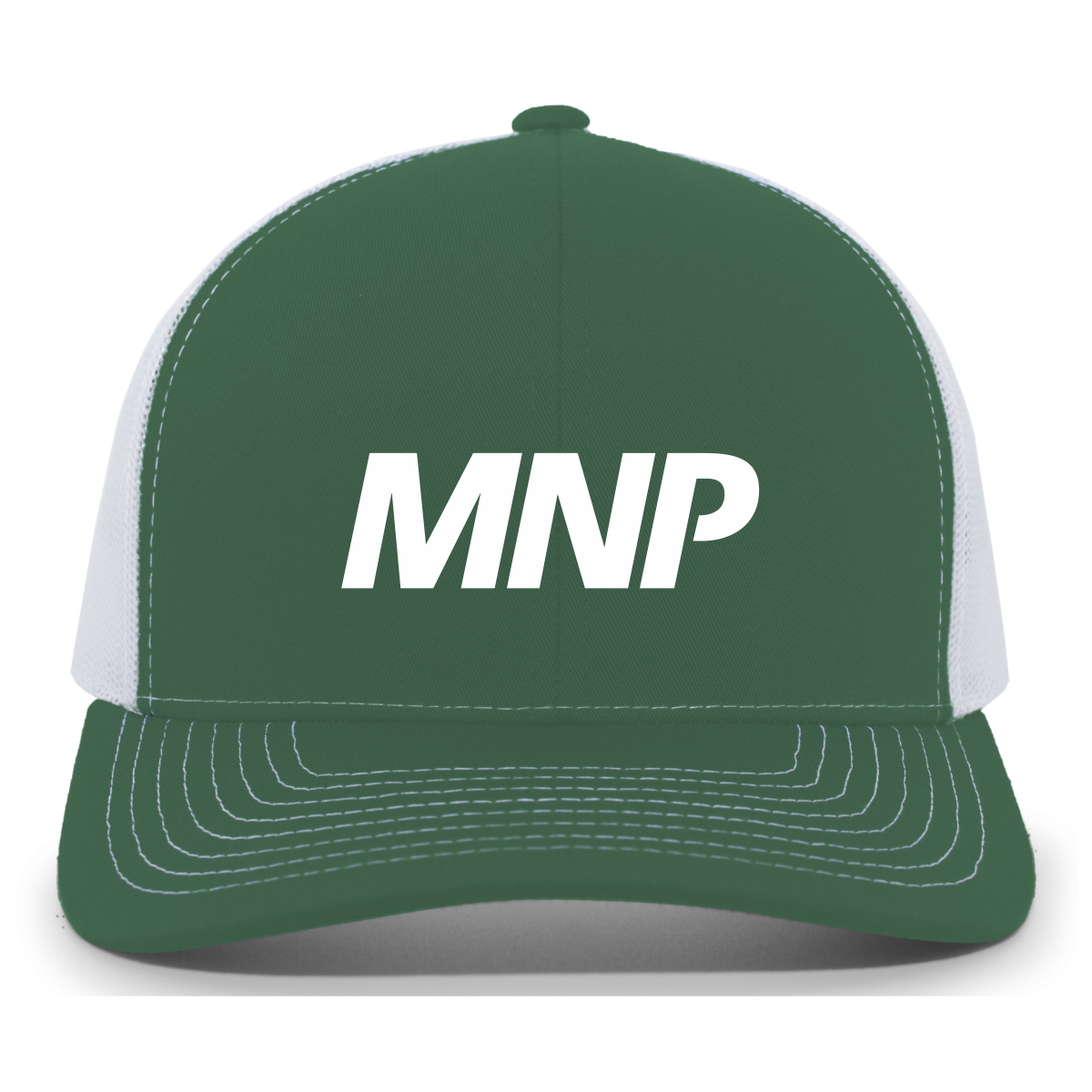 mnp_104S_dark_green_white_front Green and white trucker hat with the letters MNP printed in bold white on the front panel.