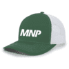 mnp_104S_dark_green_white_front_2 Green and white trucker cap featuring bold "MNP" logo on the front, ideal for casual wear and outdoor activities.