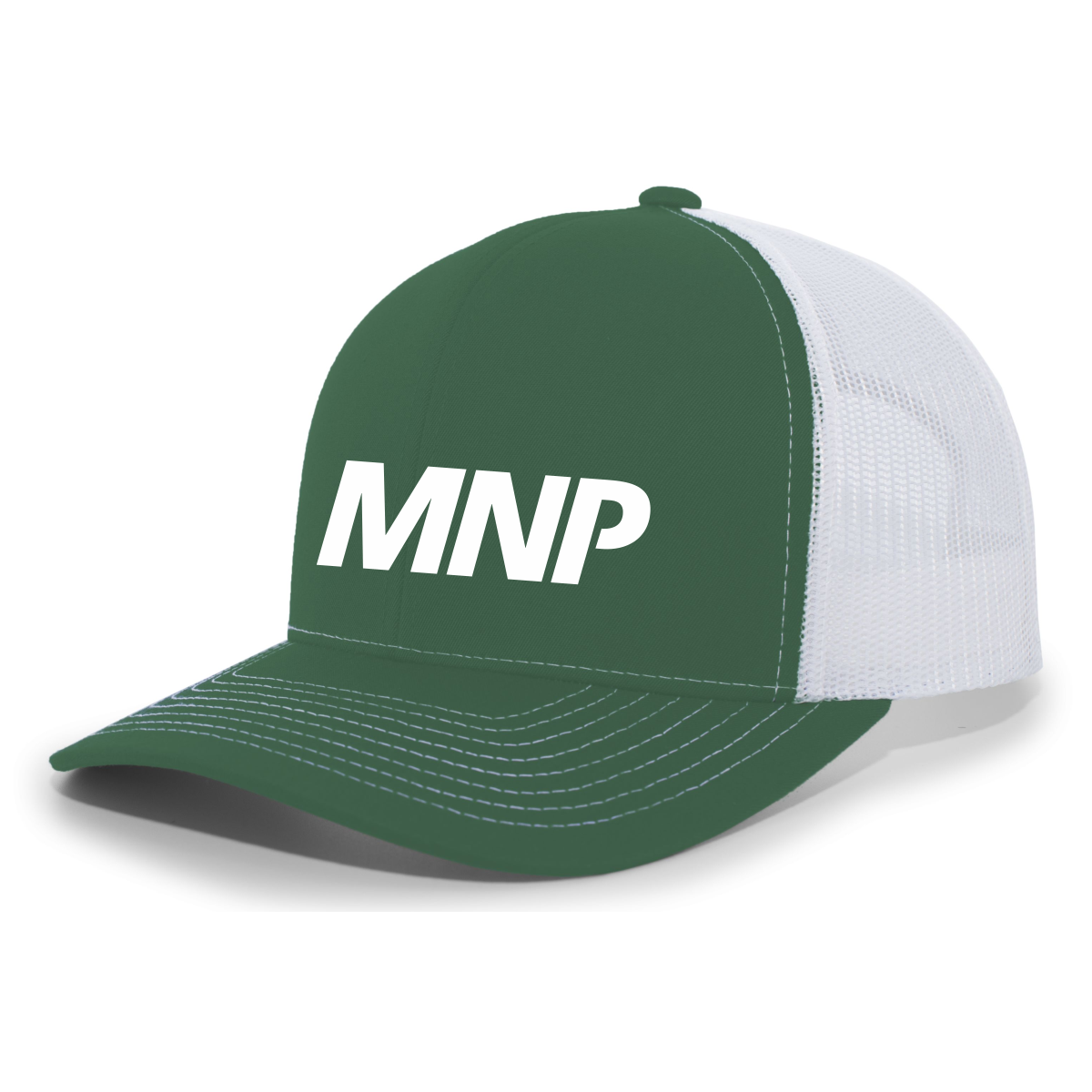 mnp_104S_dark_green_white_front_2 Green and white trucker cap featuring bold "MNP" logo on the front, ideal for casual wear and outdoor activities.