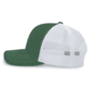 mnp_104S_dark_green_white_side Classic trucker cap with a solid dark green front panel and bill, and white mesh back panels, shown from the side.