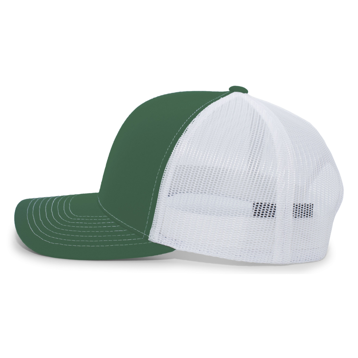 mnp_104S_dark_green_white_side Classic trucker cap with a solid dark green front panel and bill, and white mesh back panels, shown from the side.