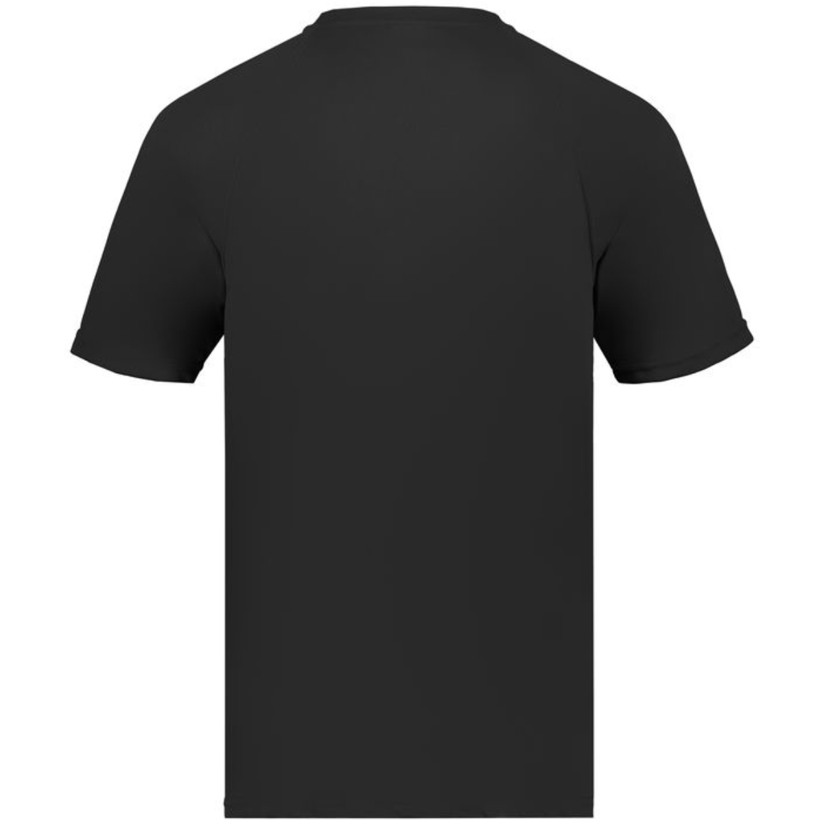 Back view of a plain black short-sleeve t-shirt with a round neckline on a white background
