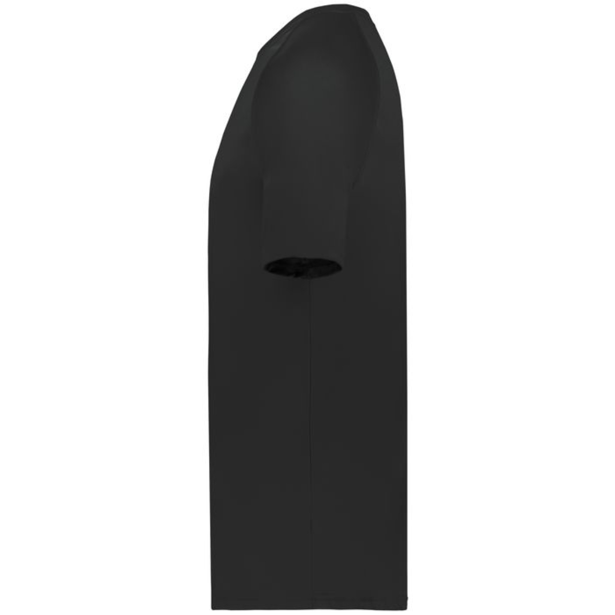 Side view of a plain black short-sleeve t-shirt against a white background