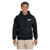 mnp_gildan_heavyblend_hoodie_cover Smiling man wearing a black hooded sweatshirt with the white text 'MNP' on the left chest, paired with beige pants, against a white background.