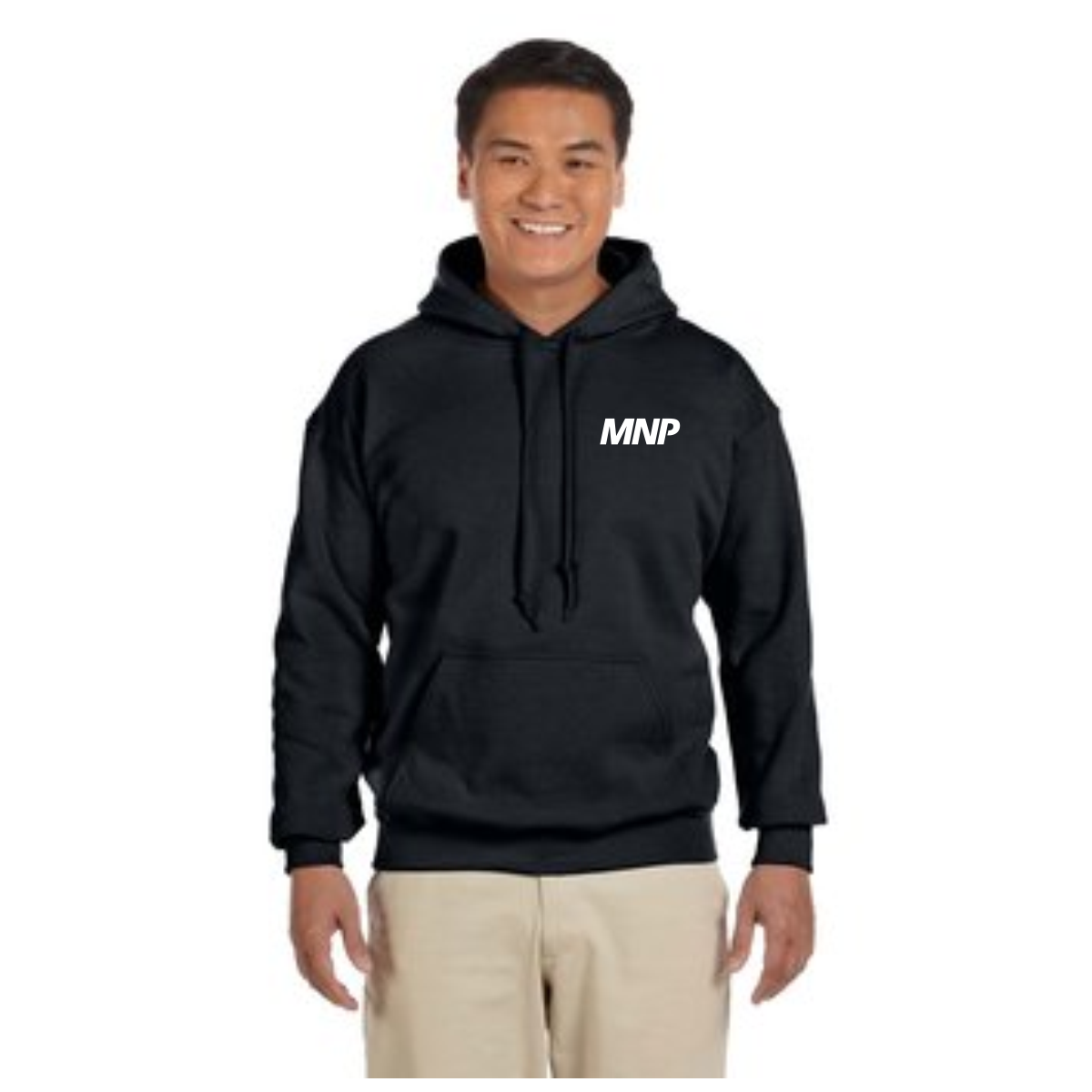 Smiling man wearing a black hooded sweatshirt with the white text 'MNP' on the left chest, paired with beige pants, against a white background.