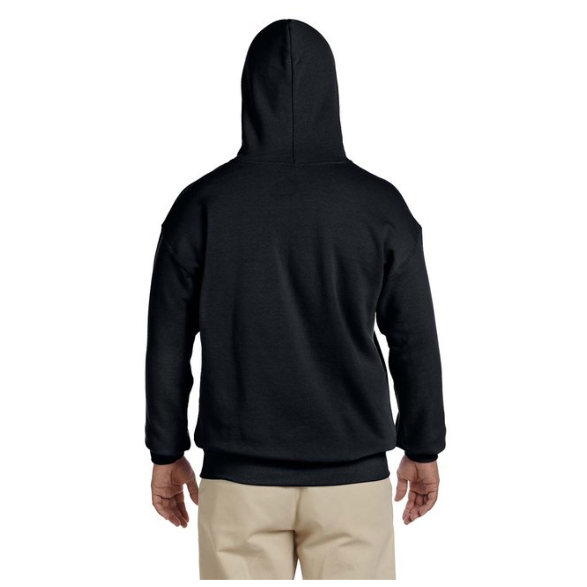 Person wearing a plain black hoodie viewed from the back, paired with light beige pants against a white background.