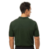 mnp_mens_polo_cover_2 Rear view of a man with short dark hair wearing a dark green short-sleeve polo shirt and black pants with a belt, against a white background.