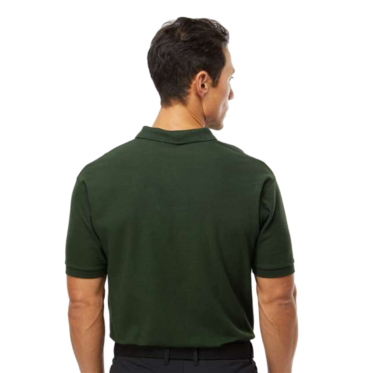 mnp_mens_polo_cover_2 Rear view of a man with short dark hair wearing a dark green short-sleeve polo shirt and black pants with a belt, against a white background.