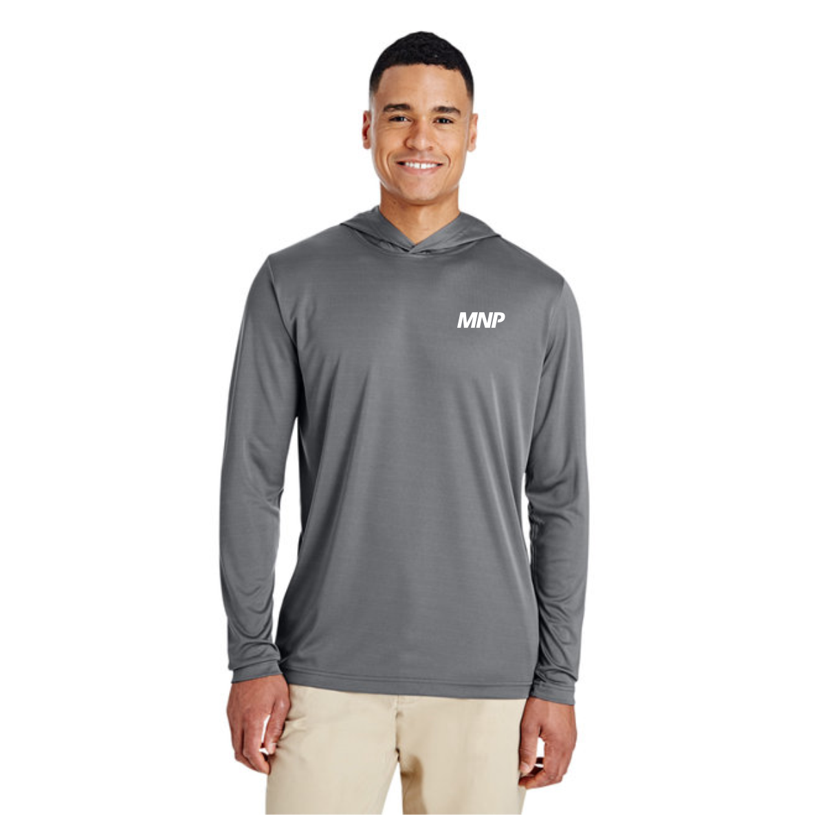 Male model wearing a long-sleeve gray hooded shirt with "MNP" logo on the chest, showcasing a casual and sporty style. Ideal for outdoor activities or everyday wear.