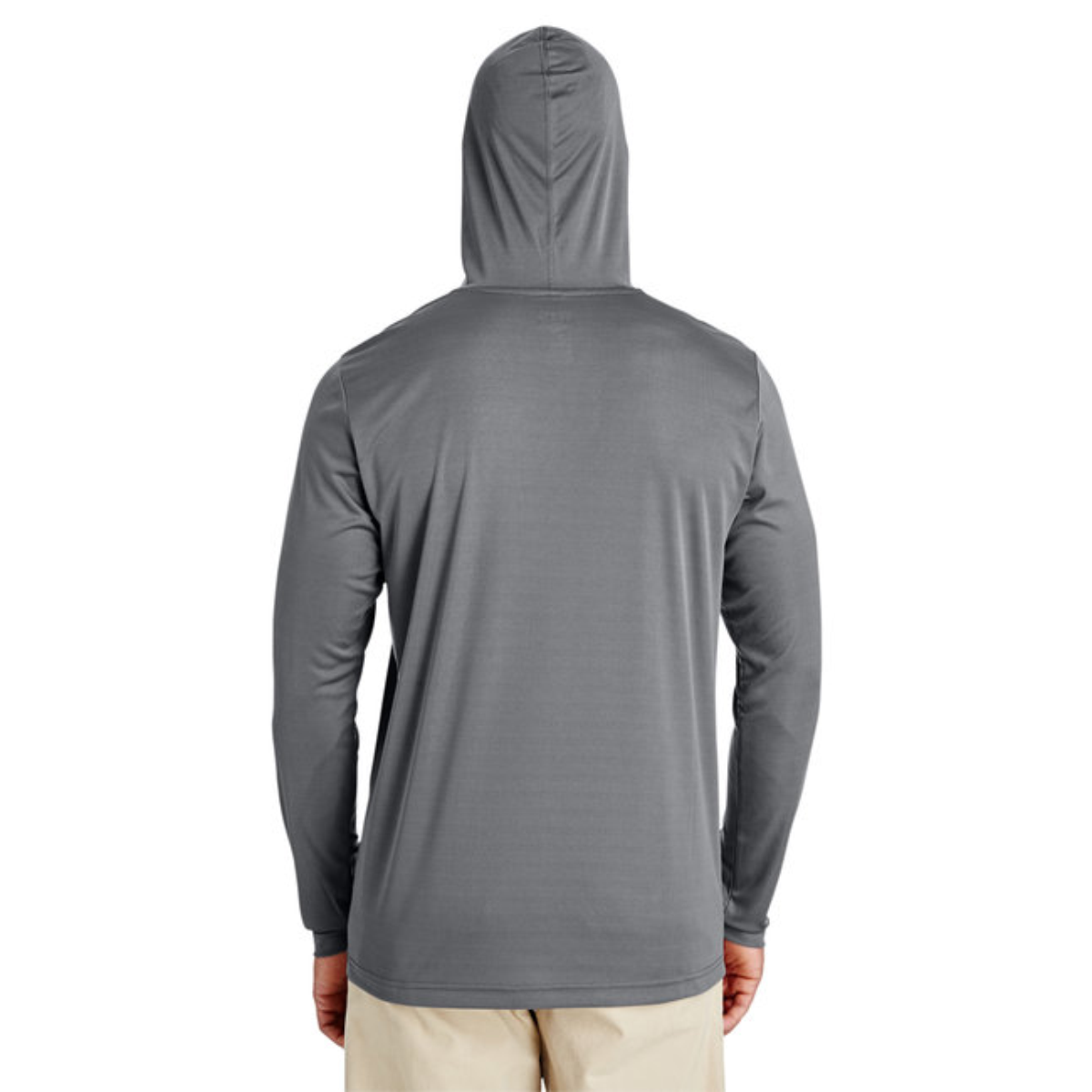 Back view of a person wearing a plain gray long-sleeve hooded shirt and beige pants, standing against a white background.
