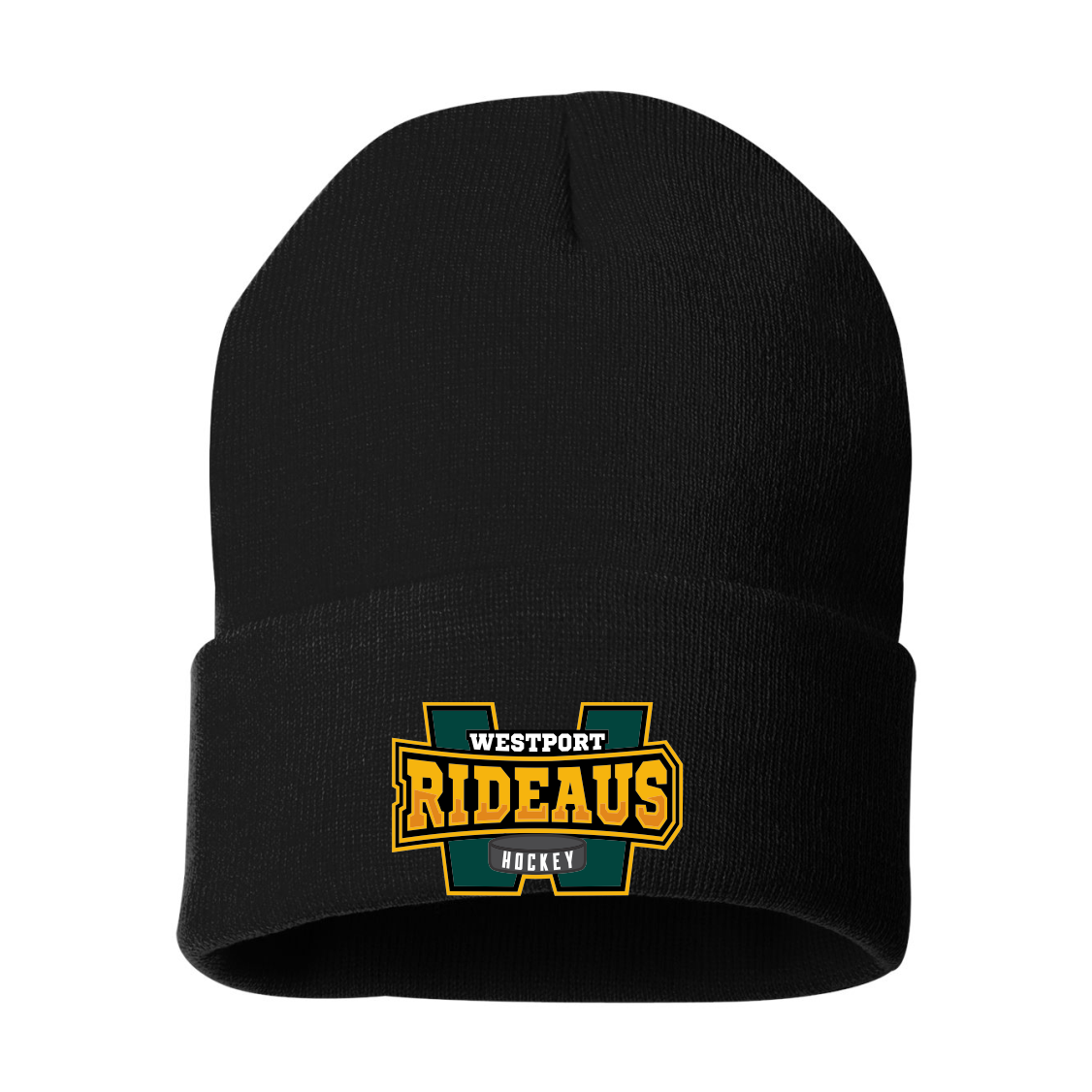 Black knit beanie with a folded brim featuring the logo of Westport Rideaus hockey, including a large green and yellow 'W' and the text 'Westport Rideaus Hockey' with a hockey puck design.