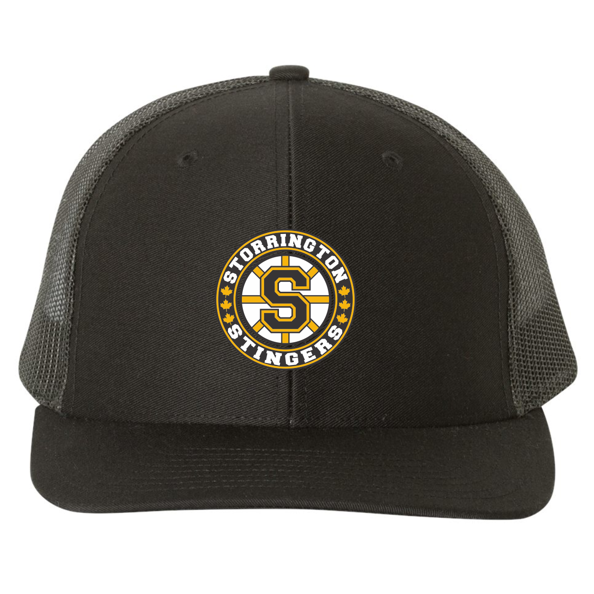 Black mesh-back baseball cap with a circular logo on the front featuring a large letter S, orange hockey stick elements, maple leaves, and the text 'Storrington Stingers.'