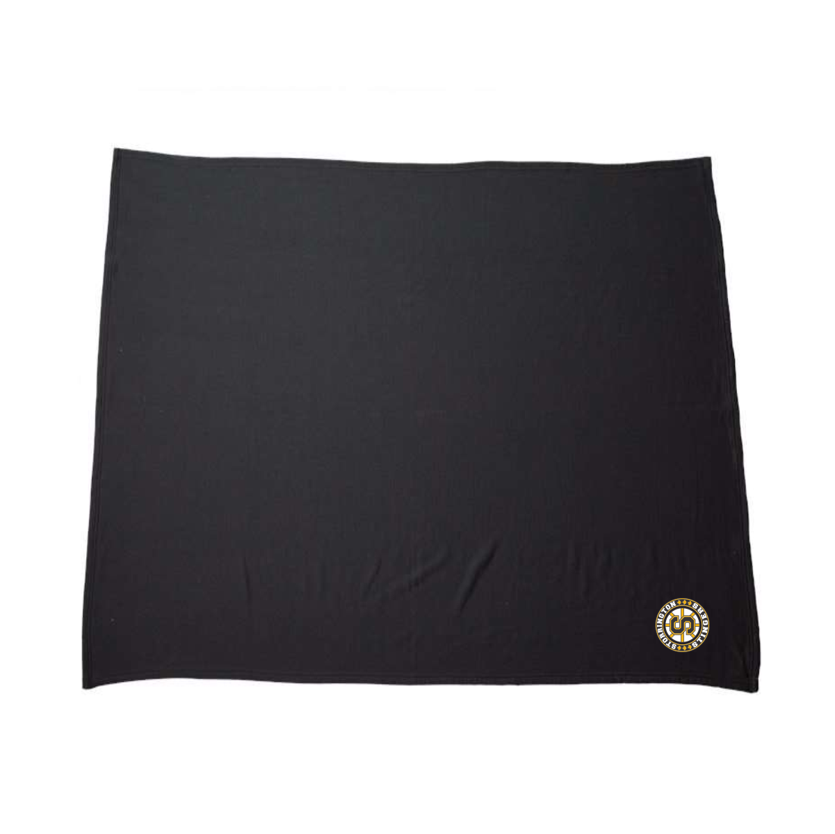 Black rectangular fabric cloth with a small circular logo featuring the text "STORRINGTON STINGERS" in white and orange near the bottom right corner.