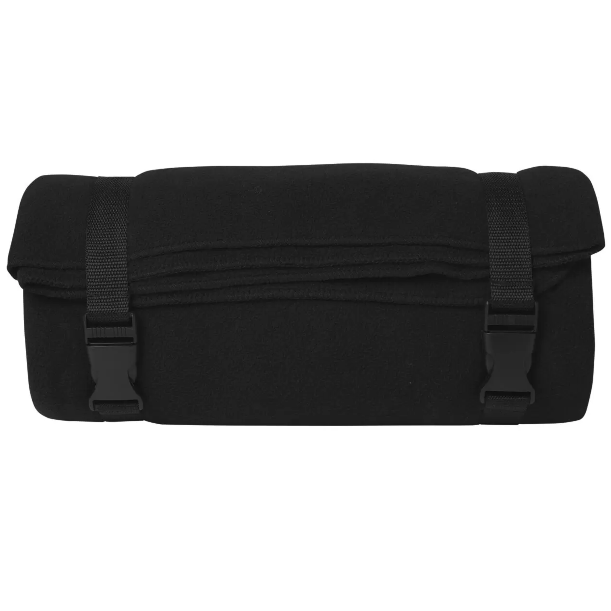 Black fleece blanket rolled and secured with adjustable straps for easy transport and storage. Ideal for outdoor activities, camping, or cozying up at home.