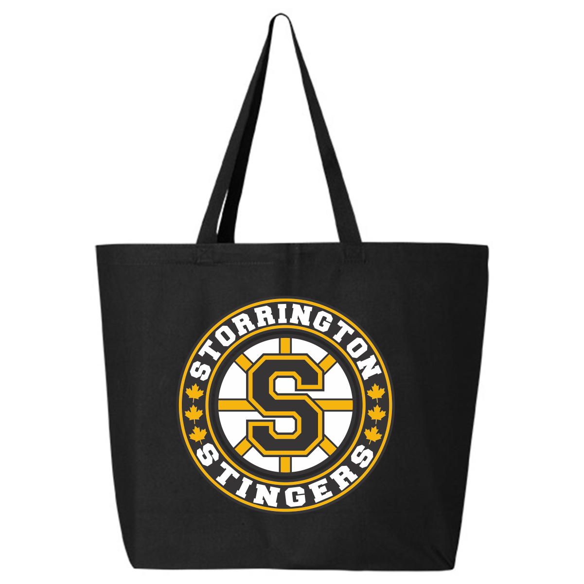 Black tote bag featuring a circular logo with a large orange and black letter S in the center, surrounded by the words 'Storrington Stingers' in white capital letters on a black background with orange maple leaves.