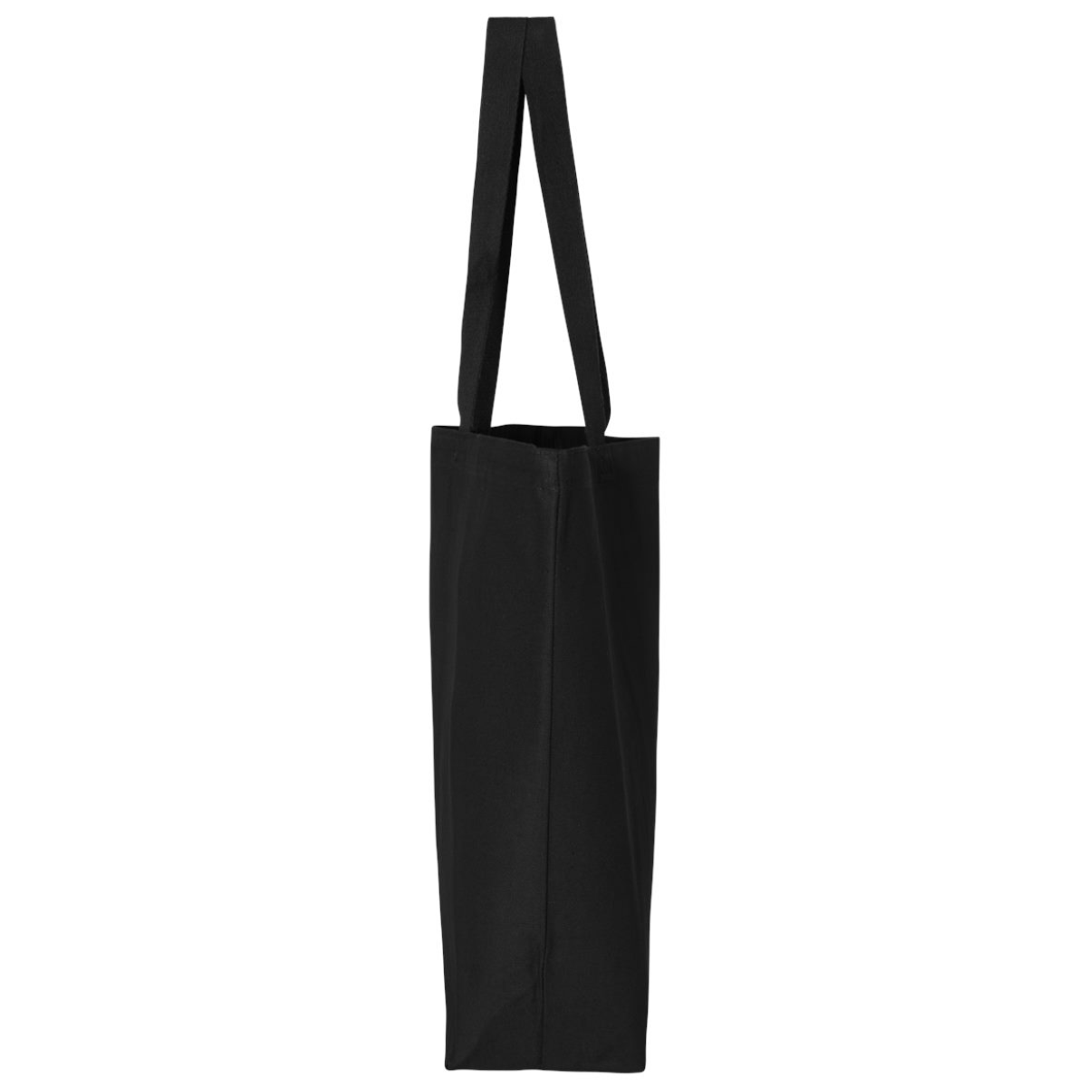 Tall black tote bag shown from the side with two long handles against a white background