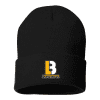 Black beanie hat featuring the Lynn Brothers Construction logo in yellow and white, ideal for warmth and branding in the construction industry.