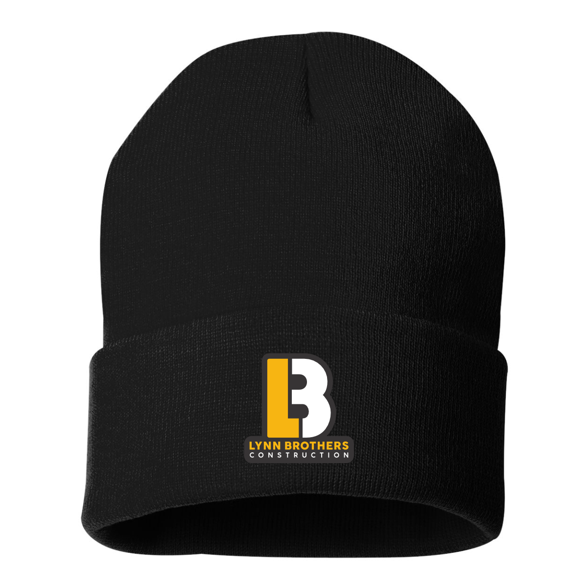 Black beanie hat featuring the Lynn Brothers Construction logo in yellow and white, ideal for warmth and branding in the construction industry.