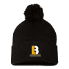 Black beanie hat with a pom-pom on top and the Lynn Brothers Construction logo prominently displayed on the front. Ideal for keeping warm while promoting your construction brand.