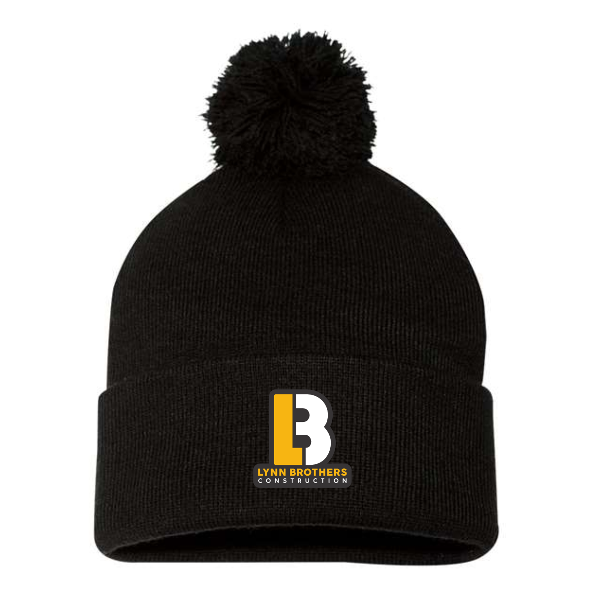 Black beanie hat with a pom-pom on top and the Lynn Brothers Construction logo prominently displayed on the front. Ideal for keeping warm while promoting your construction brand.