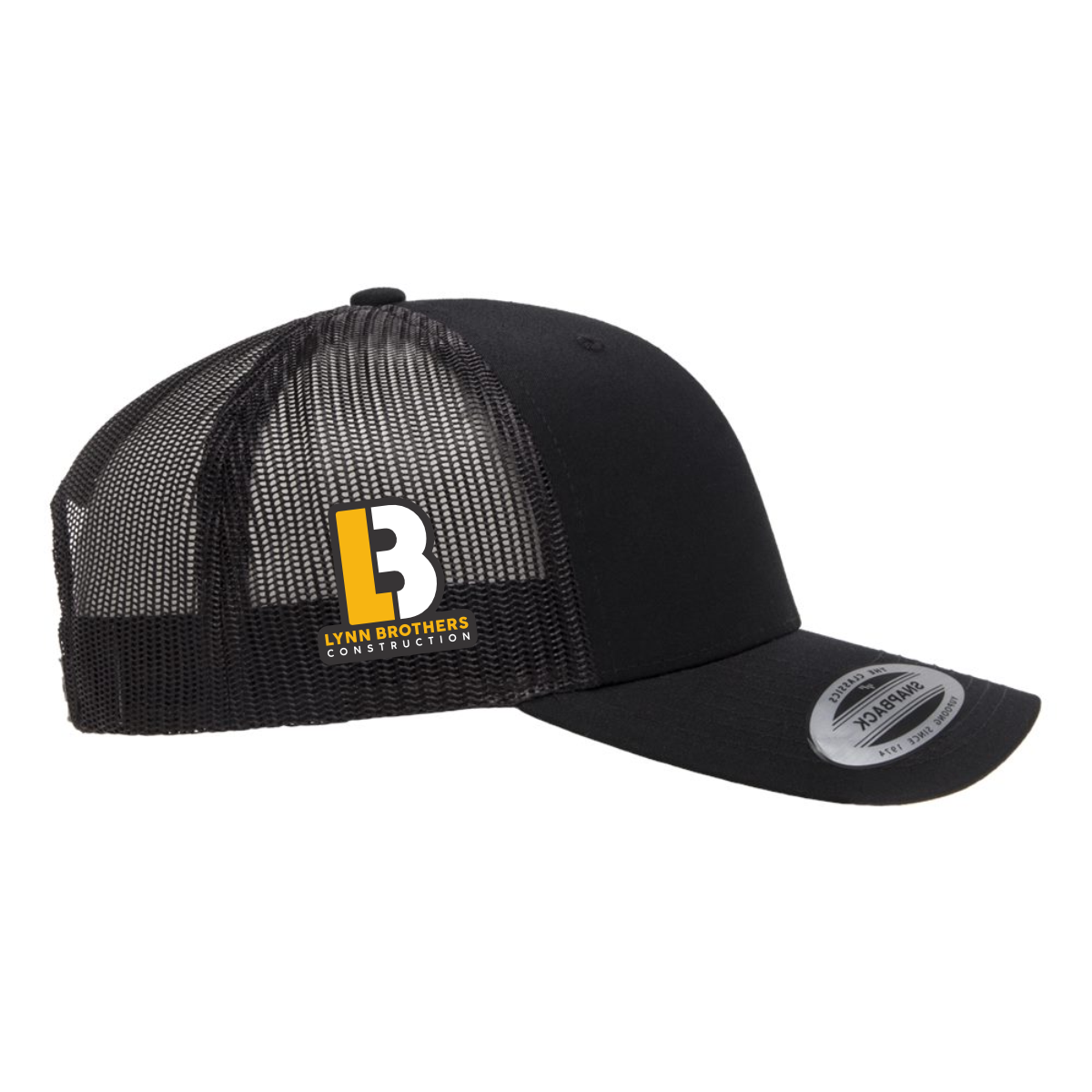 wesport_rideuas_lynn_brothers_on_trucker_cap Black trucker cap featuring the Lynn Brothers Construction logo, ideal for branding and outdoor work. The design includes a mesh back for breathability and comfort.