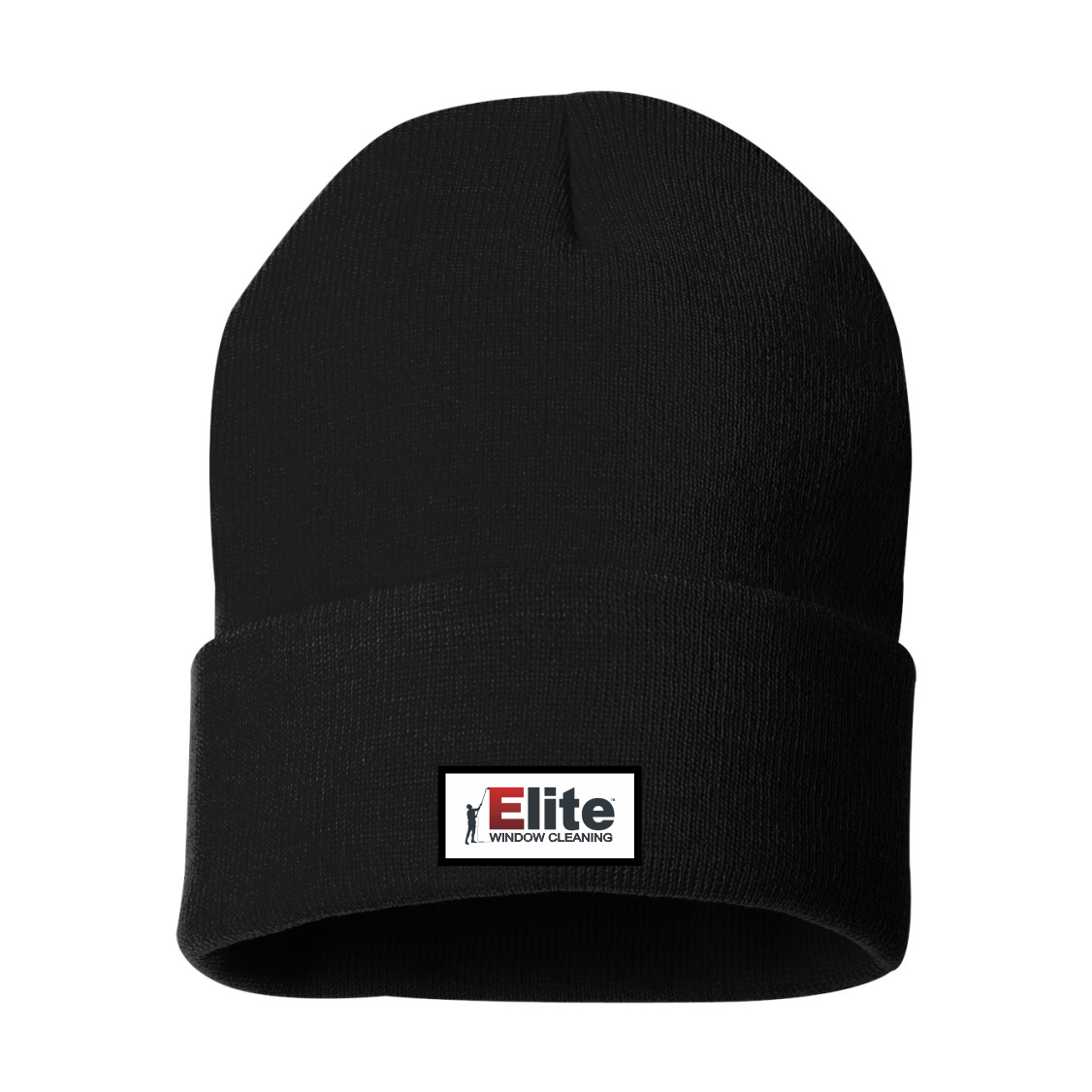 Black beanie hat featuring the logo of Elite Window Cleaning, ideal for promoting brand visibility and providing warmth. Perfect for outdoor work or casual wear.