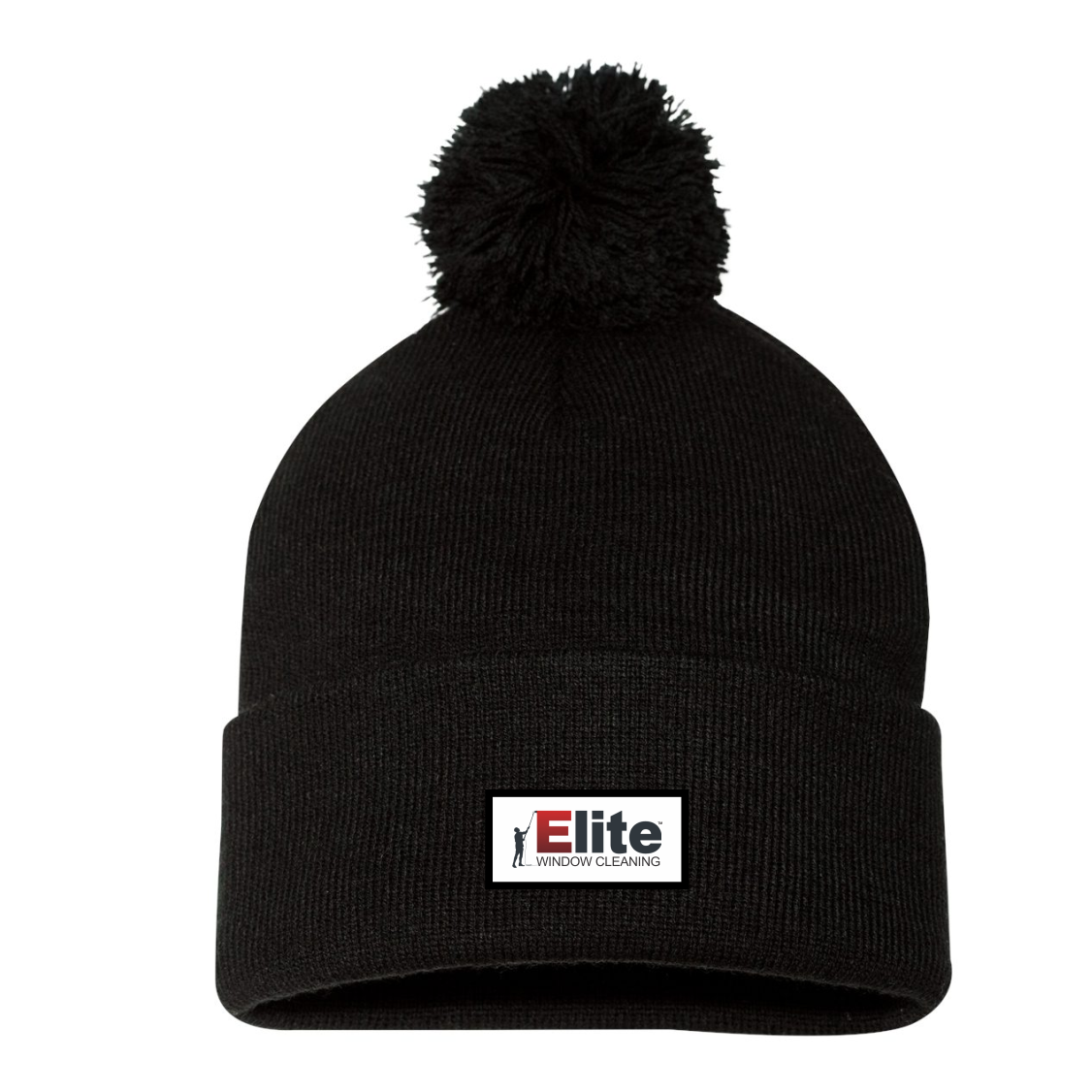 Black knit beanie with a pom-pom on top and a white rectangular patch displaying the logo for Elite Window Cleaning in red and gray text on the front cuff.
