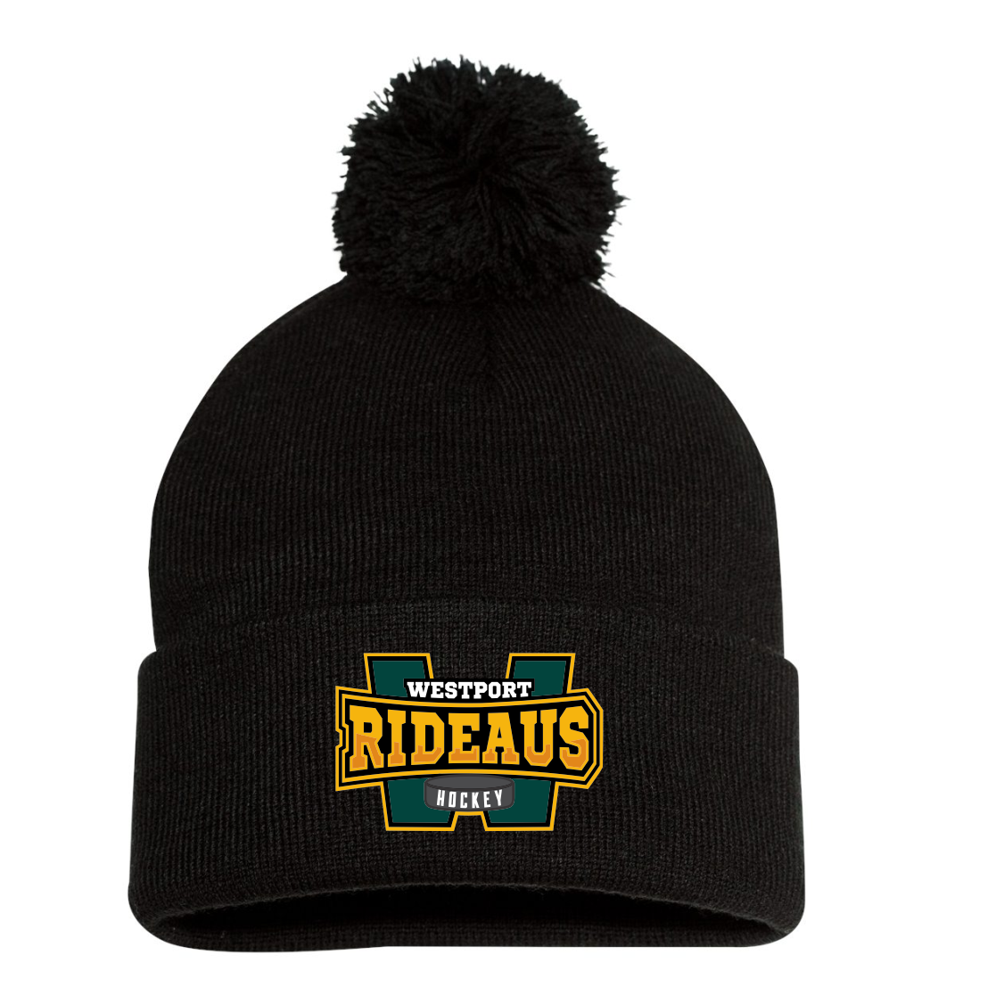 Black knit beanie with a pom-pom on top and a logo on the front featuring a large green 'W' outlined in yellow, the word 'WESTPORT' in white above bold yellow 'RIDEAUS', and a gray hockey puck with 'HOCKEY' written on it.