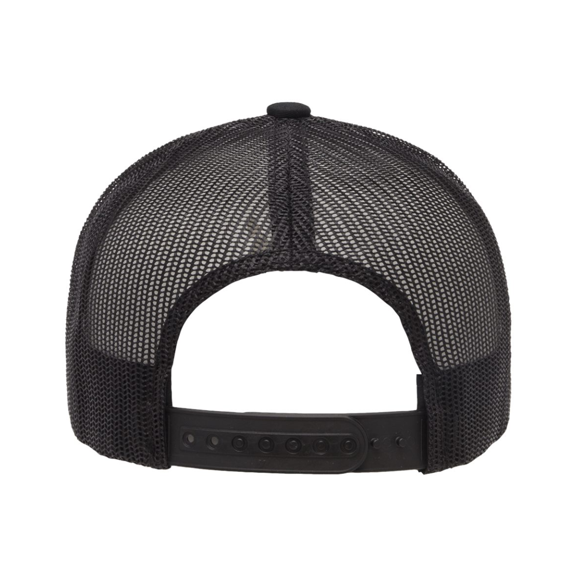 westport_trucker_cap_elite_back Back view of a black mesh trucker hat with an adjustable snapback strap