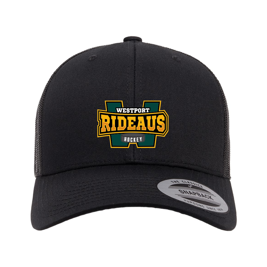 westport_trucker_cap_elite_front Black mesh snapback cap featuring a green and gold logo with the text 'Westport Rideaus Hockey' and a stylized letter 'W'.
