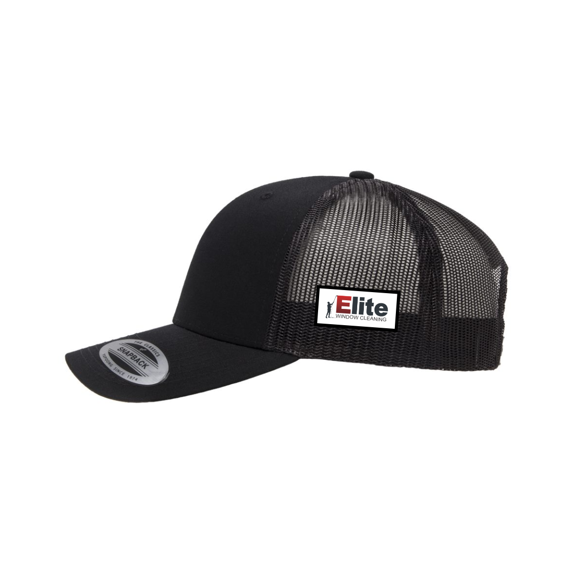 westport_trucker_cap_elite_left_side Black mesh snapback cap with solid front panel and a patch on the mesh side featuring the logo and text 'Elite Window Cleaning'