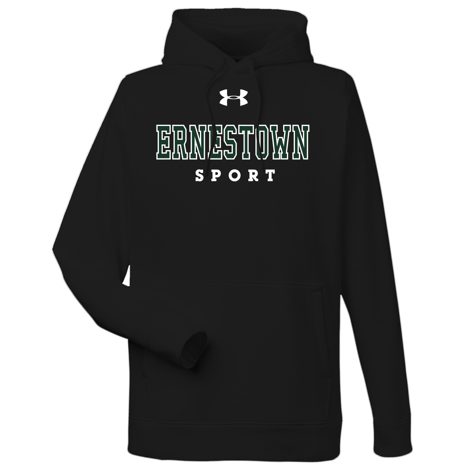 Black hoodie with a front pocket, featuring the Under Armour logo above the text 'ERNESTOWN SPORT' in white and green lettering on the chest.