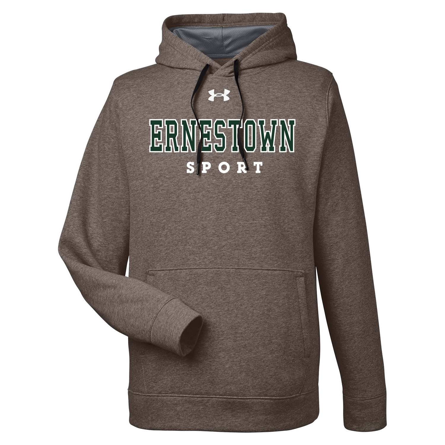 Brown hoodie with the text "ERNESTOWN SPORT" printed on the front and an Under Armour logo above the text, featuring a front kangaroo pocket and black drawstrings on the hood.