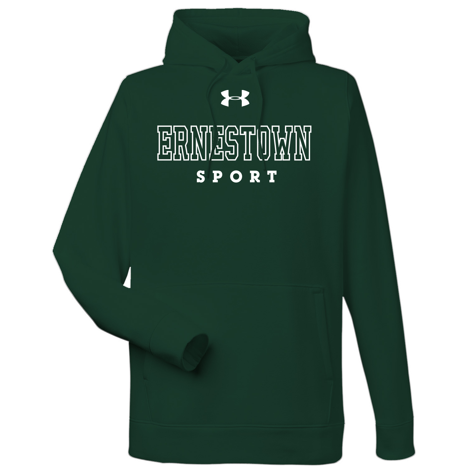 Green hoodie featuring "Ernestown Sport" in bold white lettering, designed for comfort and athletic wear. Perfect for casual outings or sports activities.
