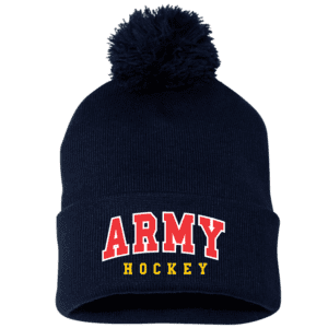 Navy blue knit winter hat with a pom-pom on top and the words "ARMY" in large red letters outlined in white above the word "HOCKEY" in smaller yellow letters on the cuff.