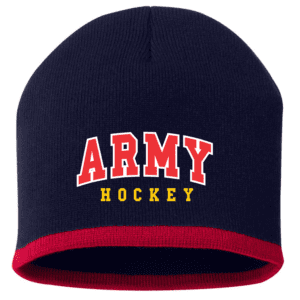 Navy blue knit beanie with a red trim around the edge and the words 'ARMY HOCKEY' printed on the front in red and yellow letters.