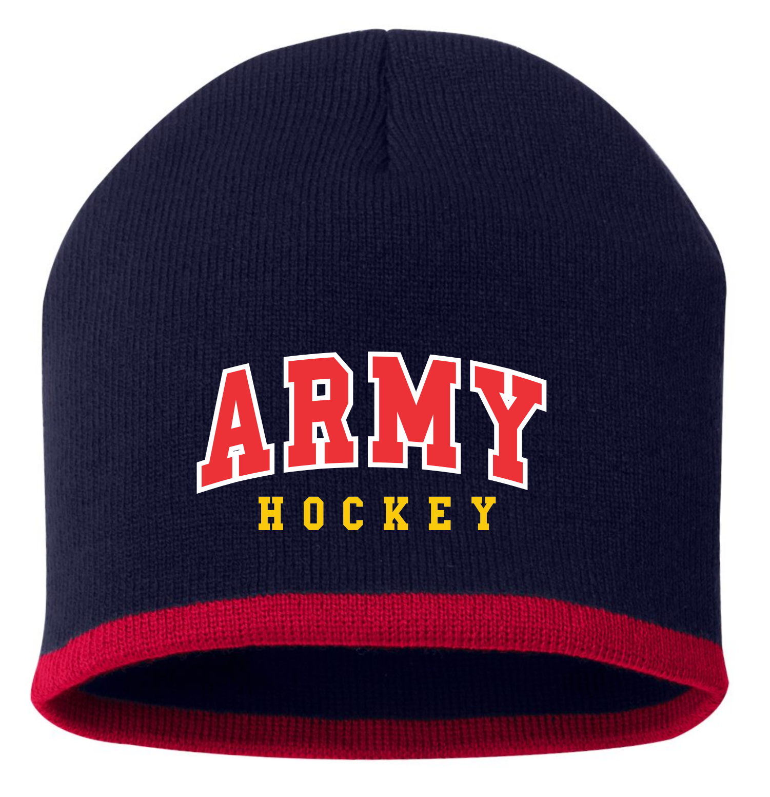 Navy blue knit beanie with a red trim around the edge and the words 'ARMY HOCKEY' printed on the front in red and yellow letters.