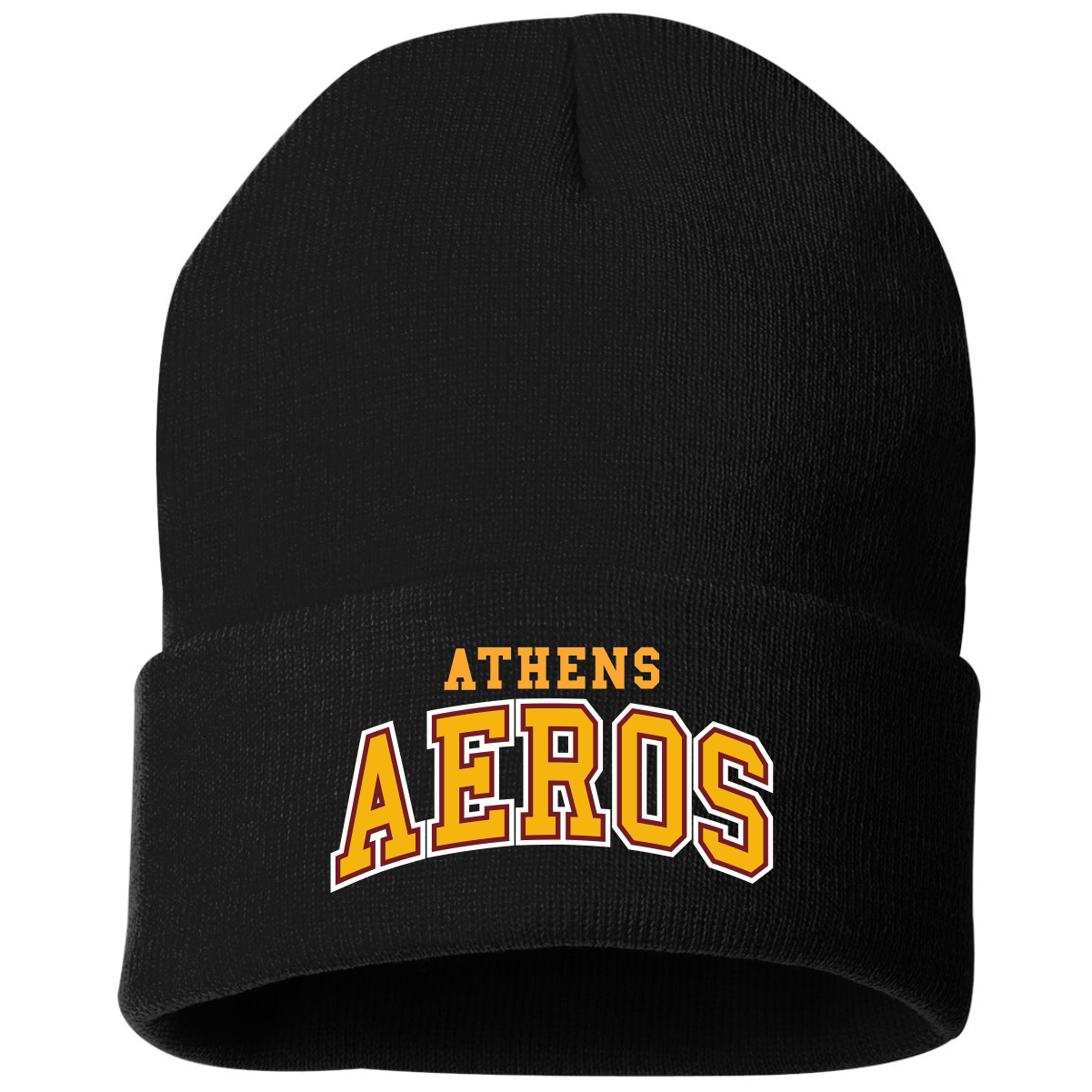 Black knit beanie hat with the words Athens Aeros in bold yellow and orange letters on the front cuff