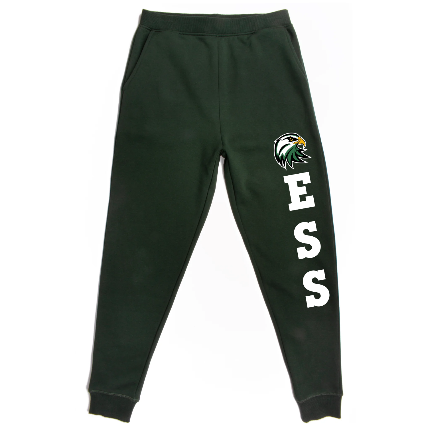 Dark green sweatpants featuring an eagle logo and the letters "ESS" printed in white on the side, designed for comfort and casual wear. Ideal for sports or leisure activities.