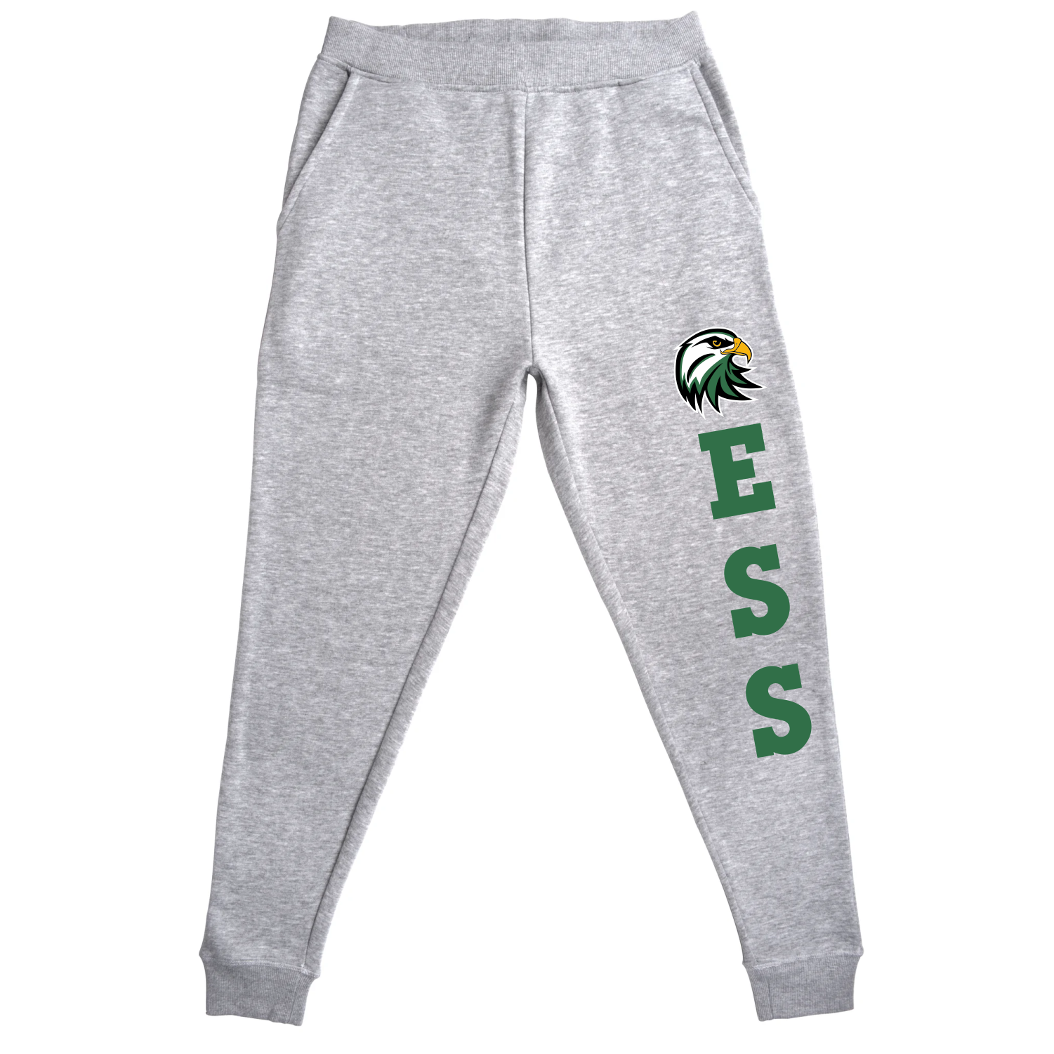 Gray sweatpants with a green and white eagle logo above the vertically arranged letters 'ESS' in green on the right leg.