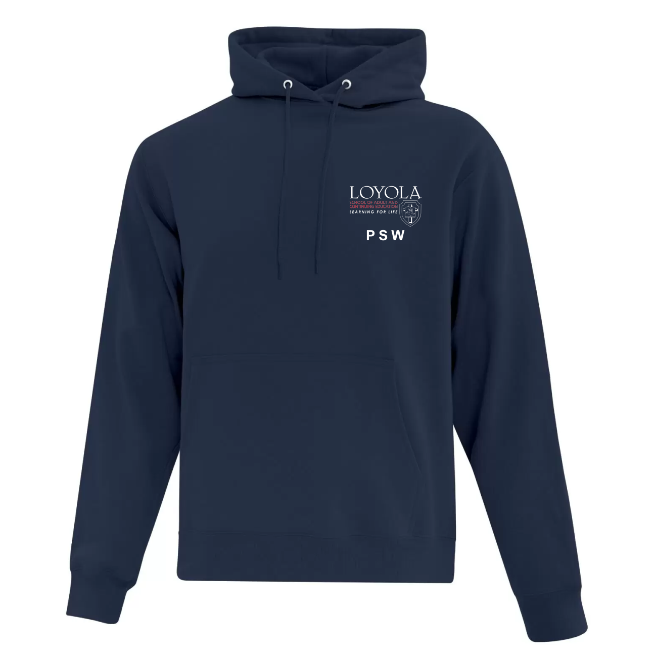 Navy blue hoodie with front pocket and drawstring hood, featuring white text and a shield logo on the left chest that reads "Loyola School of Adult and Continuing Education Learning for Life PSW".