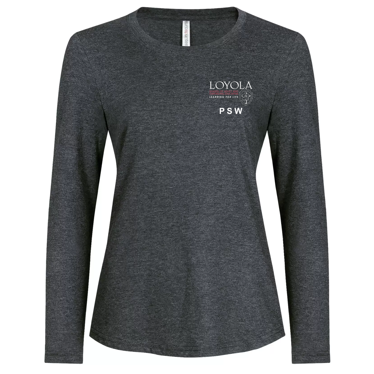 Dark gray long-sleeve crew neck shirt with white and red text on the left chest that reads 'LOYOLOA School of Adult and Continuing Education Learning for Life PSW' alongside a small emblem.