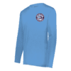 ponies_performance_ls_carolina_blue Light blue long-sleeve t-shirt with a round garage door neckline featuring a circular Kingston Junior Ponies Baseball logo on the left chest, depicting a pony head and baseball stitches in red, white, and navy blue.