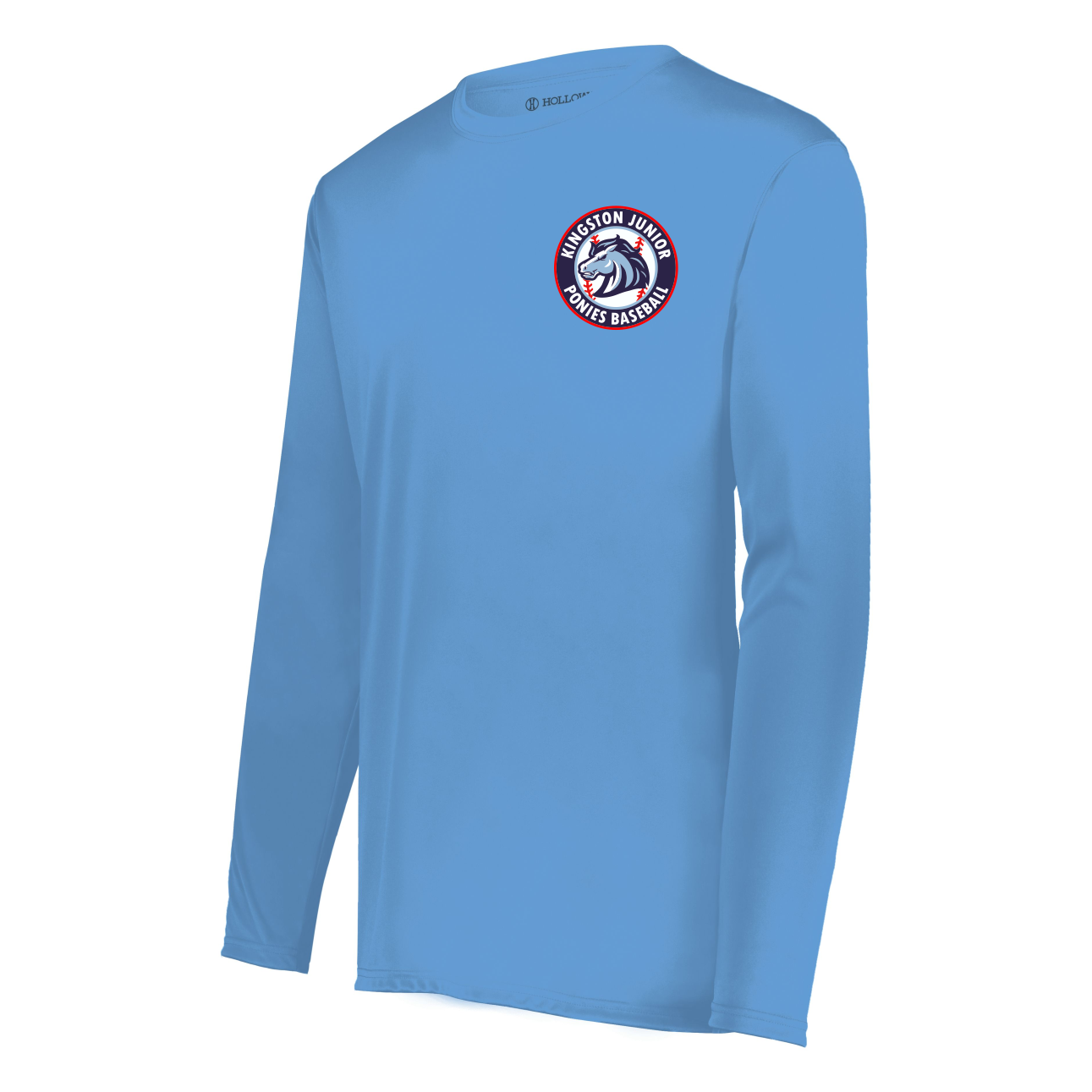 Light blue long-sleeve t-shirt with a round garage door neckline featuring a circular Kingston Junior Ponies Baseball logo on the left chest, depicting a pony head and baseball stitches in red, white, and navy blue.