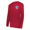 ponies_performance_ls_red Red long-sleeve shirt with a white and navy blue circular logo on the left chest featuring a horse head and the text 'Kingston Junior Ponies Baseball'