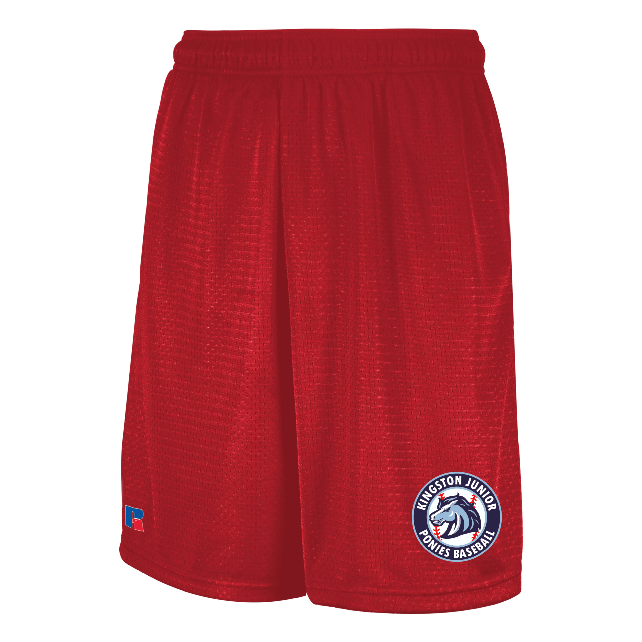ponies_red_russell_short Red athletic shorts with a mesh texture and an elastic waistband, featuring a circular Kingston Junior Ponies Baseball logo on the lower right leg and a small blue and red logo on the lower left leg.